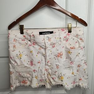 Express Vintage Floral Midi High Rise White Jean Shorts 6